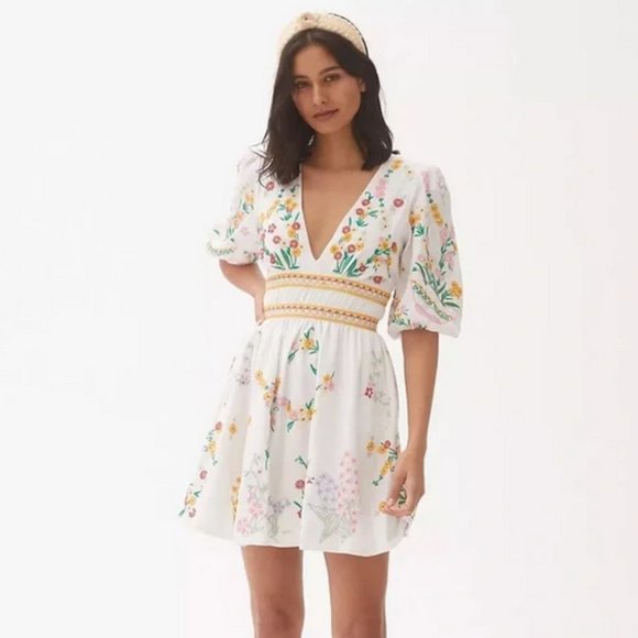 Anthropologie Deep-V Floral Embroidered Mini Dress Size 2XL White - Picture 8 of 13